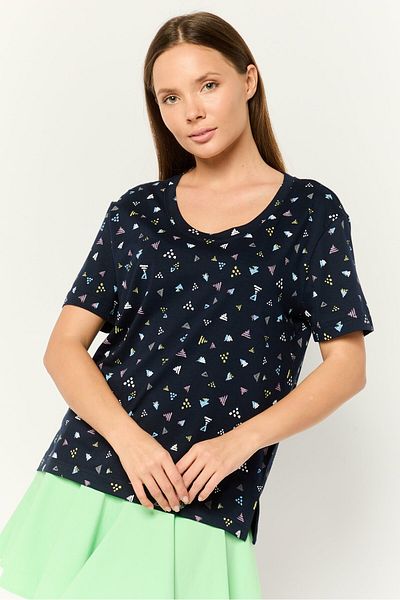 Esprit Women Crew Neck Short Sleeve Allover Print Top, Multicolour