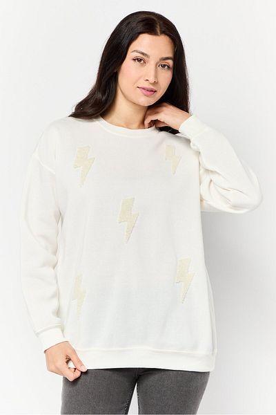 No Comment Women Crew Neck Long Sleeves Embroidered Sweatshirt, Cream