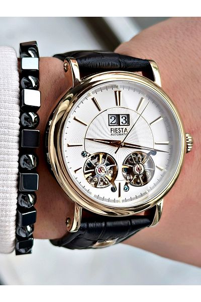 Fiesta Black Color Double Turbines Leather Band Business Automatic Men Wrist Watch + Bracelet