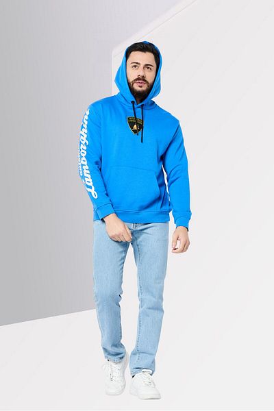 Lamborghini Men Brand Logo Long Sleeves Kangaroo Pocket Hoodie, Blue
