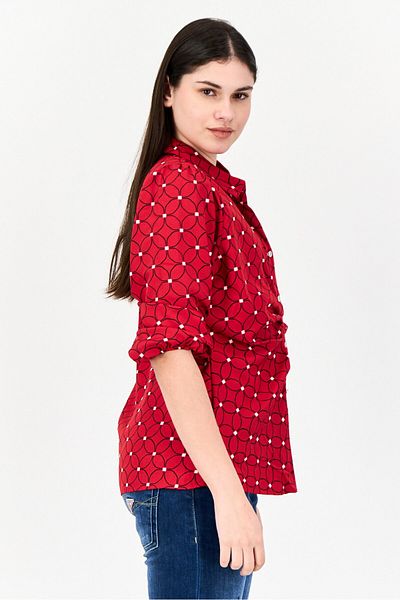 Adrienne Vittadini Women Spread Collar 3/4 Sleeve Allover Print Blouse, Red