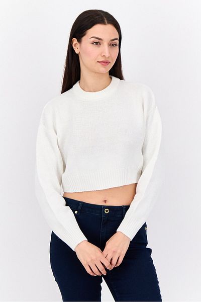 Don't Call Me Jennyfer Women Ribbed Collar Crochet Sweater, White