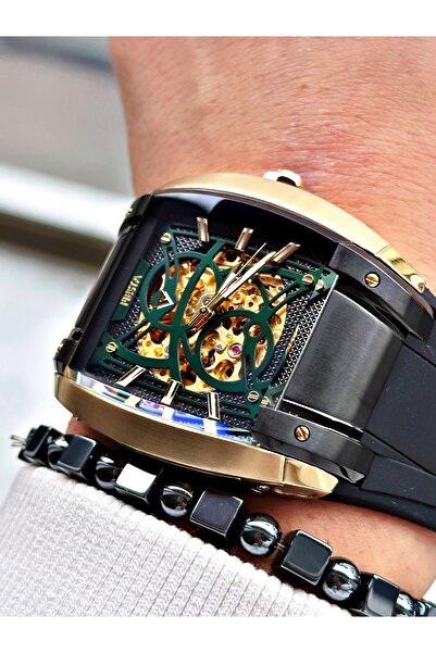 Fiesta Black Color Sport Silicone Square Steel Case Automatic Business Men Wrist Watch + Bracelet