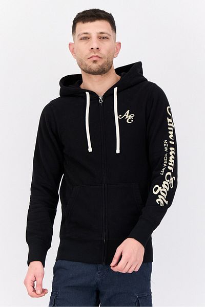 AMERICAN EAGLE Men Brand Logo Long Sleeves Hooded Sweatshirt, Black