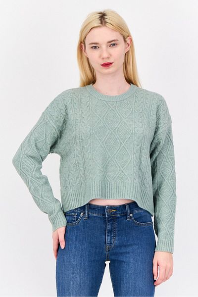 PİNK ROSE Women Crew Neck Long Sleeves Textured Sweaters, Sage Green