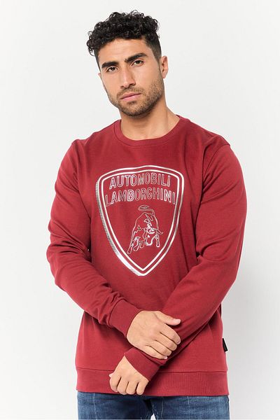 Lamborghini Men Crew Neck Metallic Long Sleeves Sweatshirt, Maroon