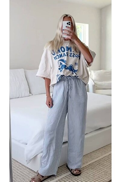 ADORRA34 Mavi çizgili bol paça bağlama detaylı pilama print pantalon