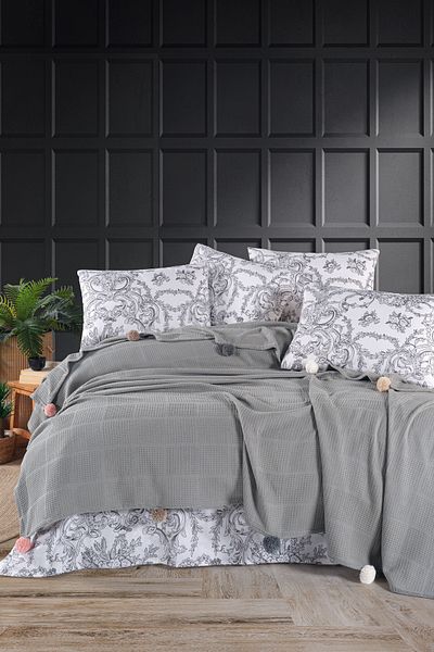 Beğenal 100% Cotton Beğenal Gray Colored Single Pompom Pique Set