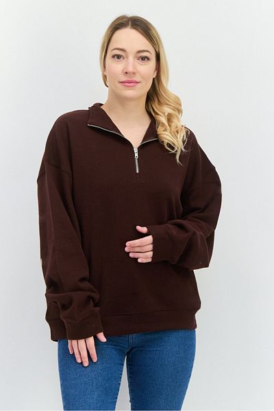 NIA Women High Neck Long Sleeves Solid Half Zip Sweatshirt, Dark Brown