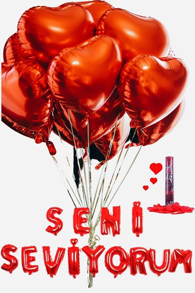Baloncu Dede Heart Patterned 10 Pieces Red Helium Compatible Foil 1 Piece I Love You Balloon Lover and Special Day