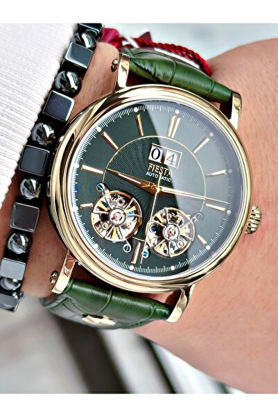 Fiesta Green Color Double Turbines Leather Band Business Automatic Men Wrist Watch + Bracelet