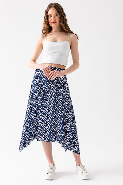 CNRCollection Fusta asimetrică cu volan, cu tăietură asimetrică, cu model floral, albastru închis pentru femei