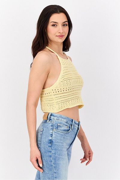 Don't Call Me Jennyfer Women Halter Neck Sleeveless Eyelet Top, Yellow