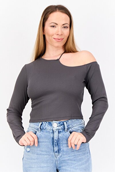 Don't Call Me Jennyfer Women Round Neck Long Sleeves Ribbed Blouse, Grey