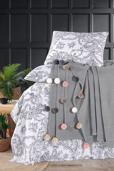 Beğenal 100% Cotton Beğenal Gray Colored Single Pompom Pique Set