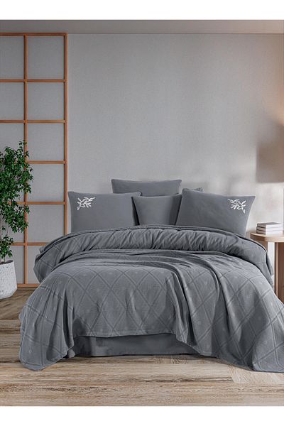 Beğenal 100% Cotton Beğenal Premium Gray Colored Double Embroidered Pique Set