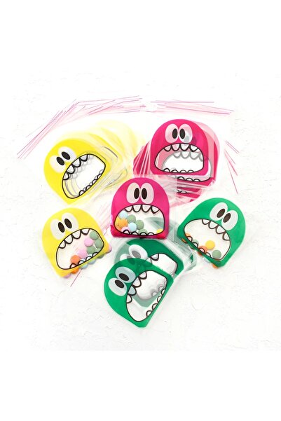 COLORPAK Canavar Desenli Sevimli Eğlenceli Bantlı Poşetler 100 adet şeffaf OPP karışık renkler 10x10+5 cm