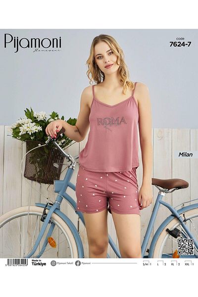 Pijamoni Σετ γυναικείες πιτζάμες Dusty Rose Color Bamboo Milan με σορτς με λουράκι