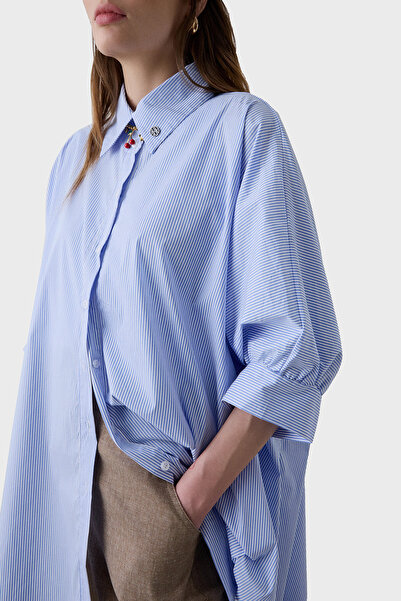 BSB Çizgili Pamuk Karışımlı Oversize Asimetrik Gömlek GÖMLEK 053