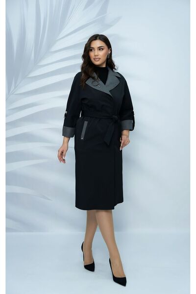 Eccim Fashion Büyük Beden Plussize Keten Yaka Broşlu Astarlı Uzun Kadın Trençkot