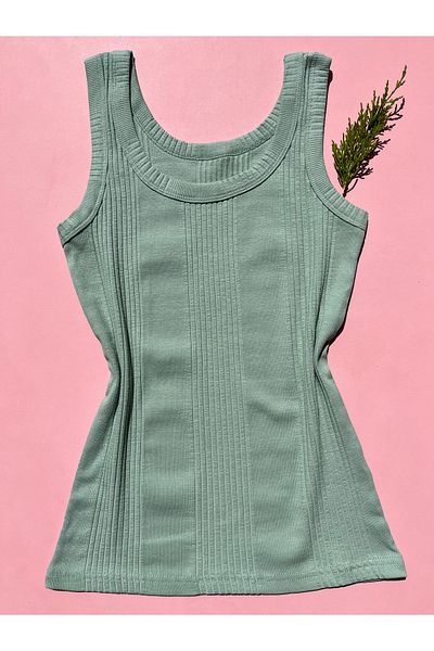 LEYNA BUTİK Cotton Combed Camisole Fabric Striped Oval Neck Green T-Shirt Undershirt