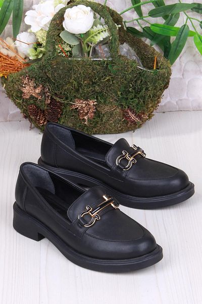 fort 35692 Black Skin Buckle Detailed Comfortable Loafer Women's Shoes
