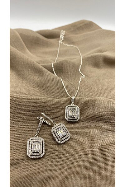 SURA SILVER BAGET MODEL 925 AYAR İKİLİ GÜMÜŞ SET (KOLYE VE KÜPE)