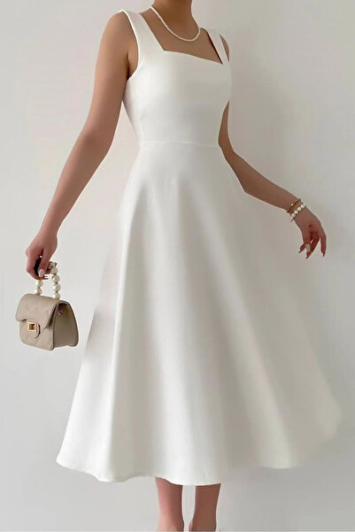 CoolLook Kalın Askılı Sırtı Fermuarka Ön ve Arkası Kare Yakalı Kolsuz Diz Altı Esnek Elbise