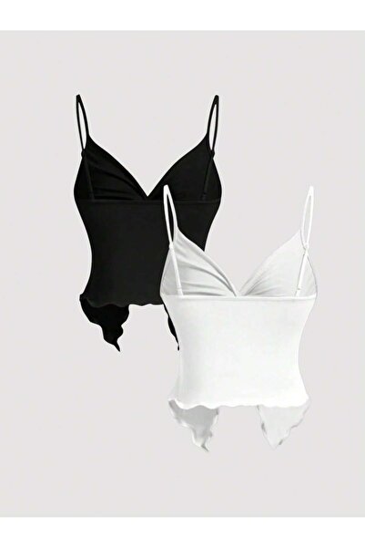 Wild Flower 2lis Bílá Černá Přední Twist Tenký popruh Alaçatı Crop