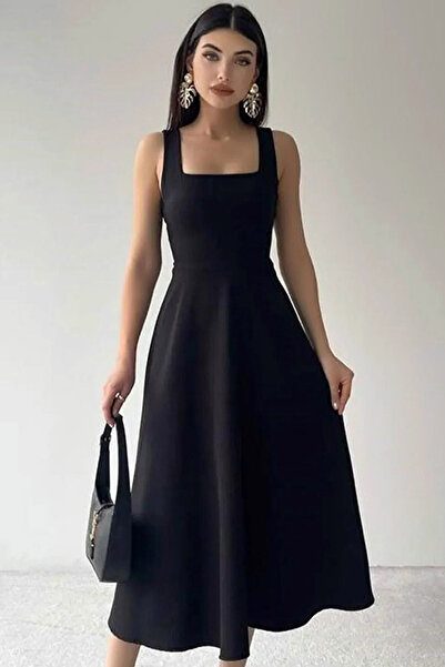 CoolLook Kalın Askılı Sırtı Fermuarka Ön ve Arkası Kare Yakalı Kolsuz Diz Altı Esnek Elbise