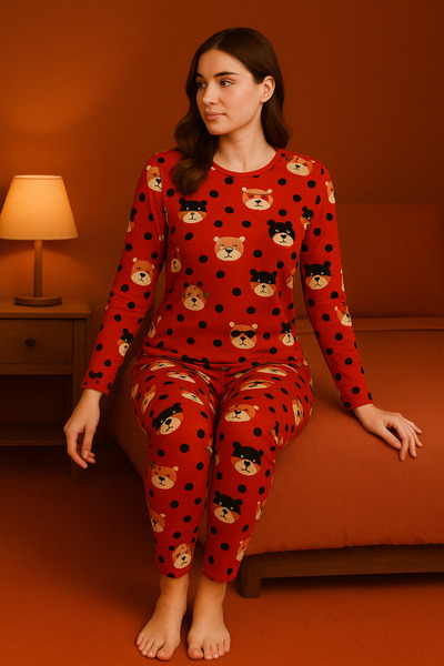 Gawzera Sude Love Bear Suede Gawzera Pajama Set