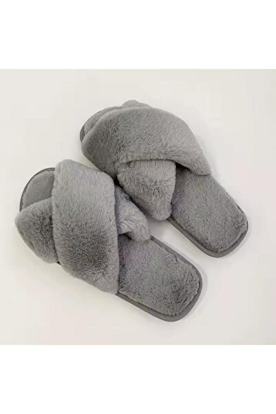 Generic Faux fur open toe flat slippers Grey cross plush slippers Indoor warm cotton slippers