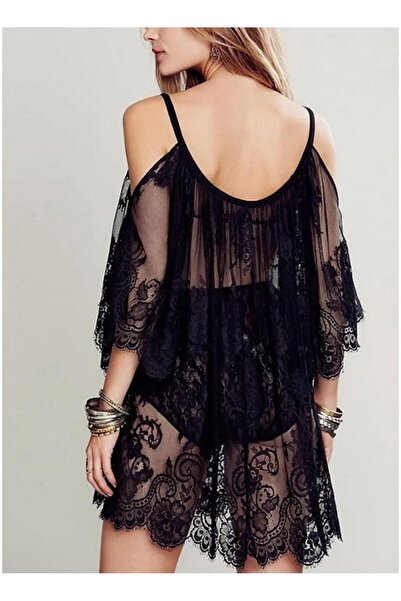 Generic Off Shoulder Lace Cover Up Lingerie Nightgown Black