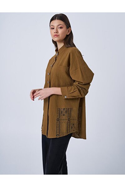 Kayra Dantel Garnili Gofreli Bluz Koyu Oliv