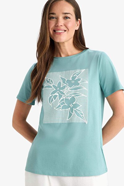 DeFacto Regular Fit Crew Neck Ethnic Patterned Combed Cotton Short Sleeve T-S...