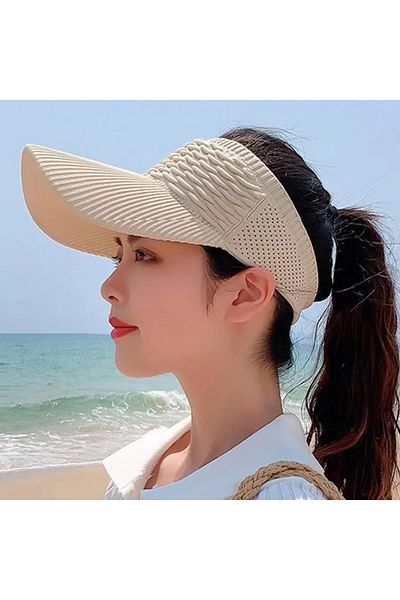 Choice Beige Color Casual Elastic Knitted Cap, Breathable Women's Empty Top Sunshade Hat For Outdoor Sports