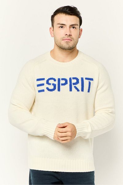 Esprit Men Ribbed Collar Embroidered Logo Sweater, Off White