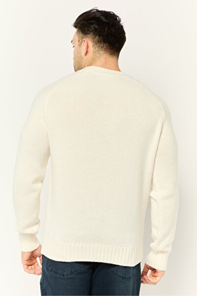 Esprit Men Ribbed Collar Embroidered Logo Sweater, Off White