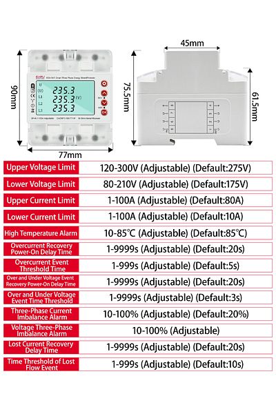 EARUELETRIC 3 Phase 380v 100a Tuya Wifi Smart Bi-directional Energy Power Kwh Meter Over Under Voltage Protec...