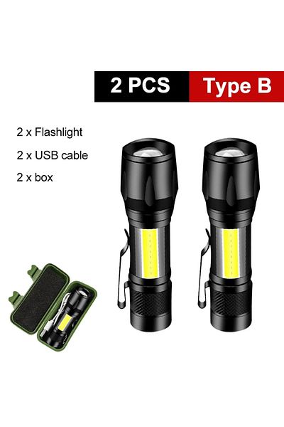 XIWANGFIRE 2pcs 1-6PCS Mini Portable LED Flashlight COB Light Telescopic Zoom Torch USB Rechargeable Tactical C