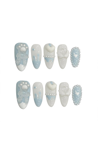 Choice أظافر صناعية مصنوعة يدويًا على شكل مخالب قطة لطيفة باللون الأزرق الفات...