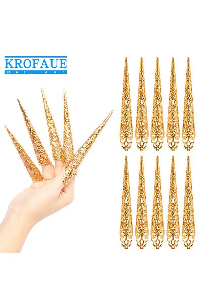 krofaue Gold 10pcs 10pcs Ancient Costume Antique Style Gold Queen Nail Ring SetIndia Belly Dance Nails Acce