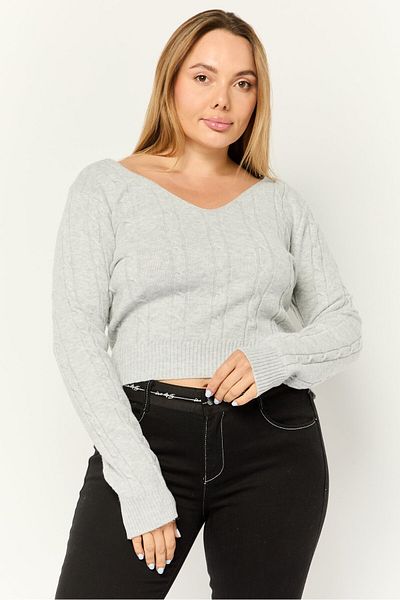 No Comment Women V-neck Knitted Sweater, Grey