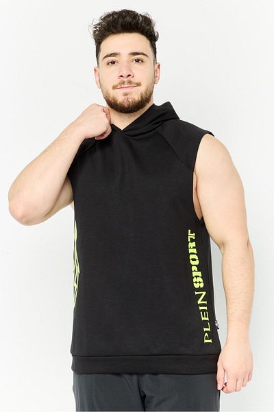 Plein Sport Men Sportswear Fit Sleeveless Hoodie, Black
