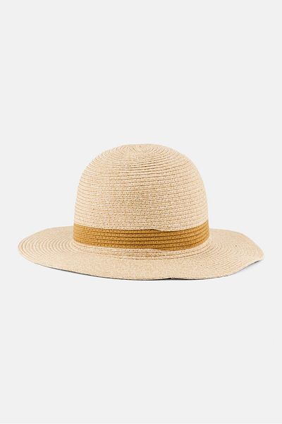 Bebe Women Woven Band Straw Floppy Hat, Beige/Tan