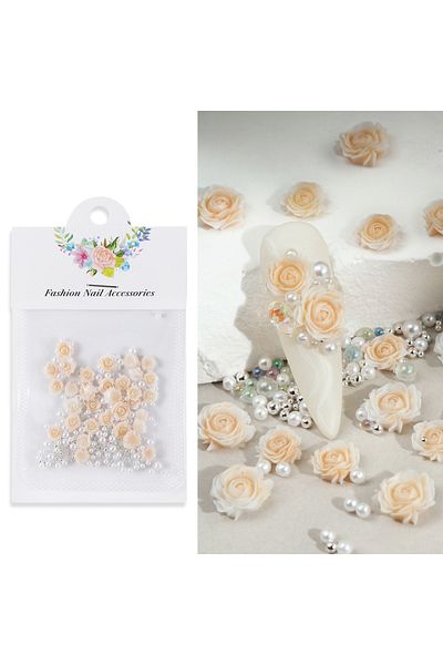 Choice QH 30 PCs Gradient Carved Roses with Steel Bead Pearl Nail Accessories