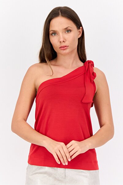 Esprit بلوزة نسائية بدون أكمام برقبة غير متماثلة، لون أحمر