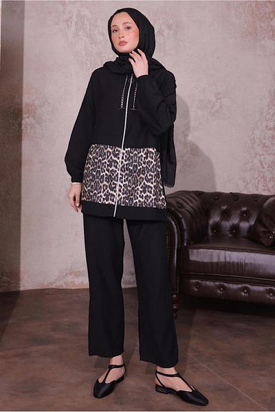 TRENDTESETTÜR Γυναικείο Μαύρο Leopard Denli Παντελόνι Σετ T 8474