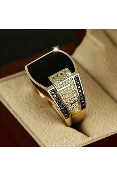 Choice R1116-gold-7 خاتم رجالي كلاسيكي من الذهب الأصفر، معدن ذهبي اللون، مرصع بحجر أسود، زركون، بانك R