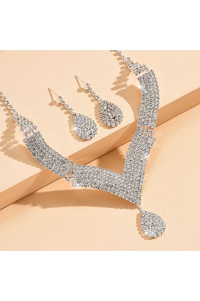 Choice Silver 3pcs fashionable rhinestones, water droplets, necklaces, earrings, jewelry sets, women's wedd